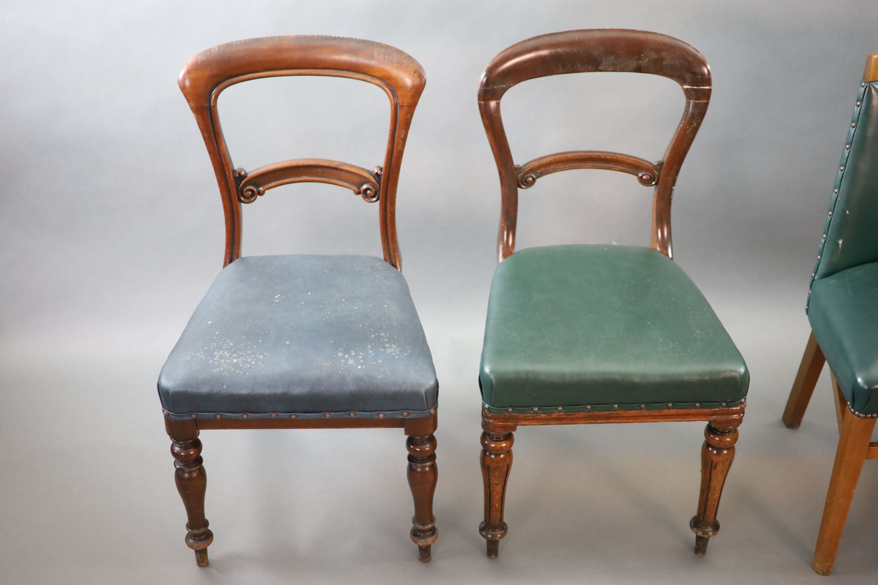 Six chairs from the Libary of the Royal College of Surgeons, including two Victorian balloon back, a marquetry inlaid Edwardian example and a 1940's green leatherette example